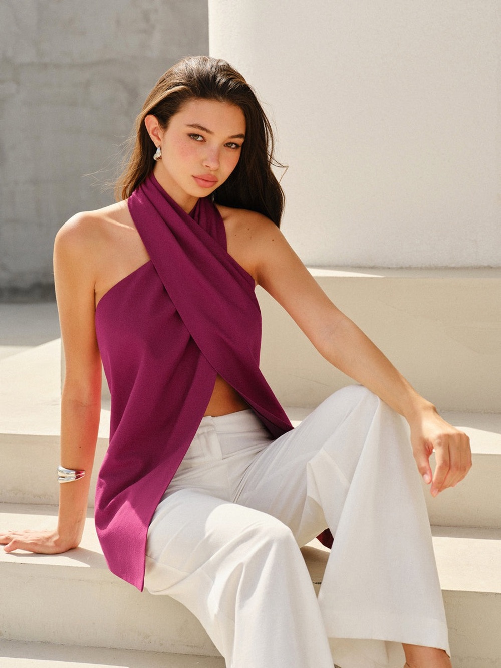 Commense Halter-Style Cross-Neckline Backless Top